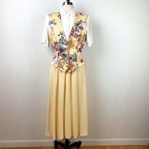 Vtg 80s Just In Thyme Womens Shirt Dress Sz 10 Yellow Vested Midi Floral Modest